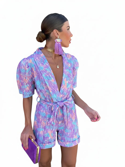 Femme Combinaison Courte à Manches Bouffantes et Décolleté V avec Ceinture Nouée