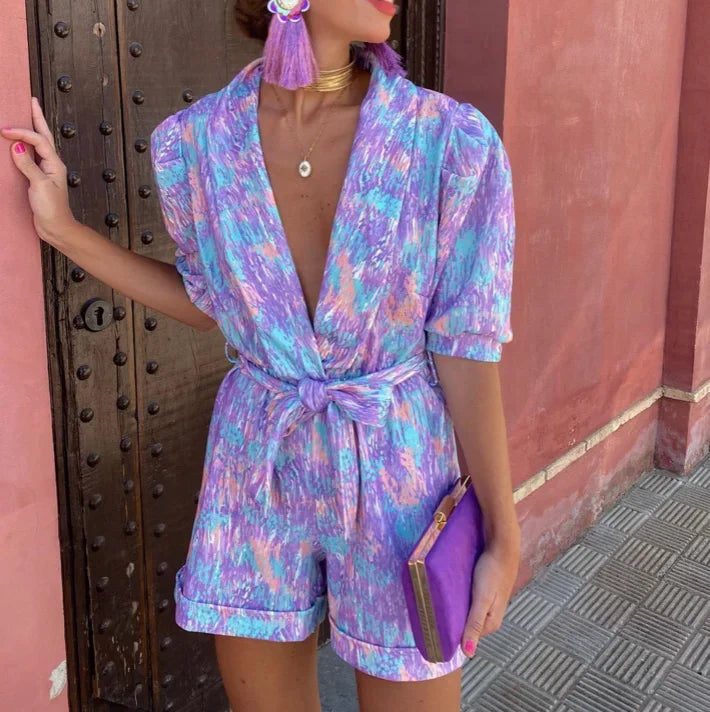 Femme Combinaison Courte à Manches Bouffantes et Décolleté V avec Ceinture Nouée