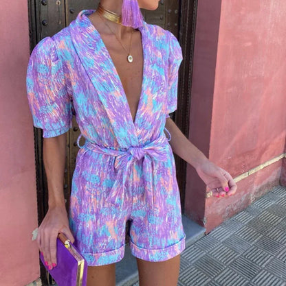 Femme Combinaison Courte à Manches Bouffantes et Décolleté V avec Ceinture Nouée