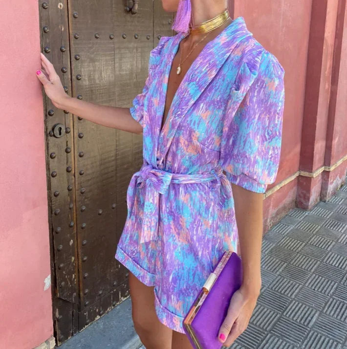 Femme Combinaison Courte à Manches Bouffantes et Décolleté V avec Ceinture Nouée