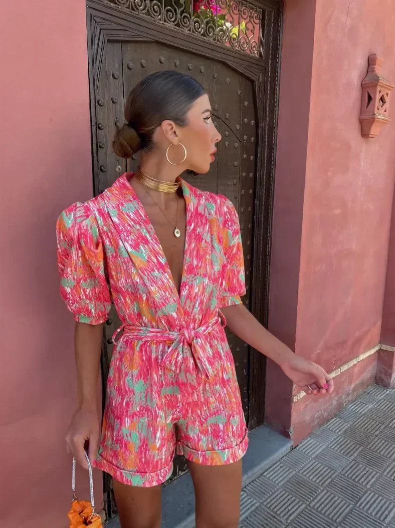 Femme Combinaison Courte à Manches Bouffantes et Décolleté V avec Ceinture Nouée