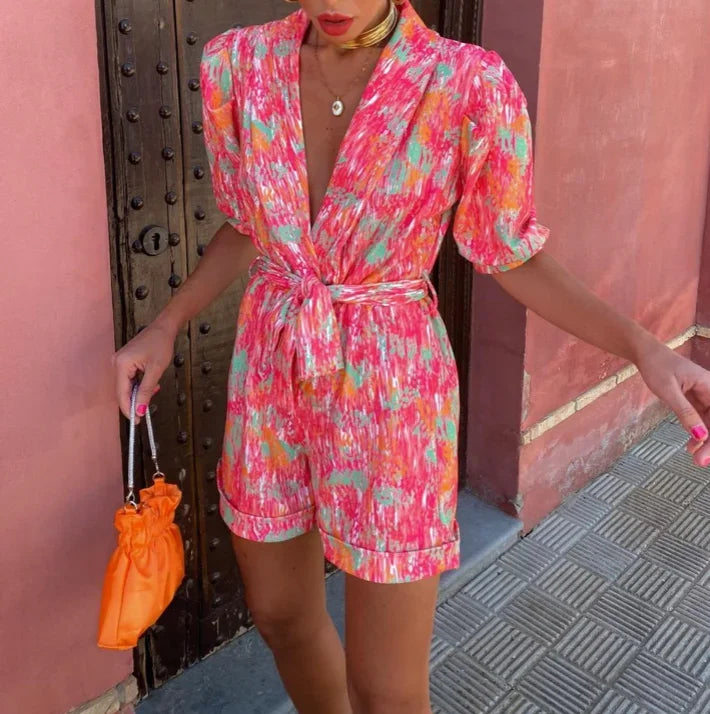 Femme Combinaison Courte à Manches Bouffantes et Décolleté V avec Ceinture Nouée