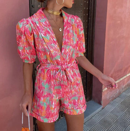 Femme Combinaison Courte à Manches Bouffantes et Décolleté V avec Ceinture Nouée