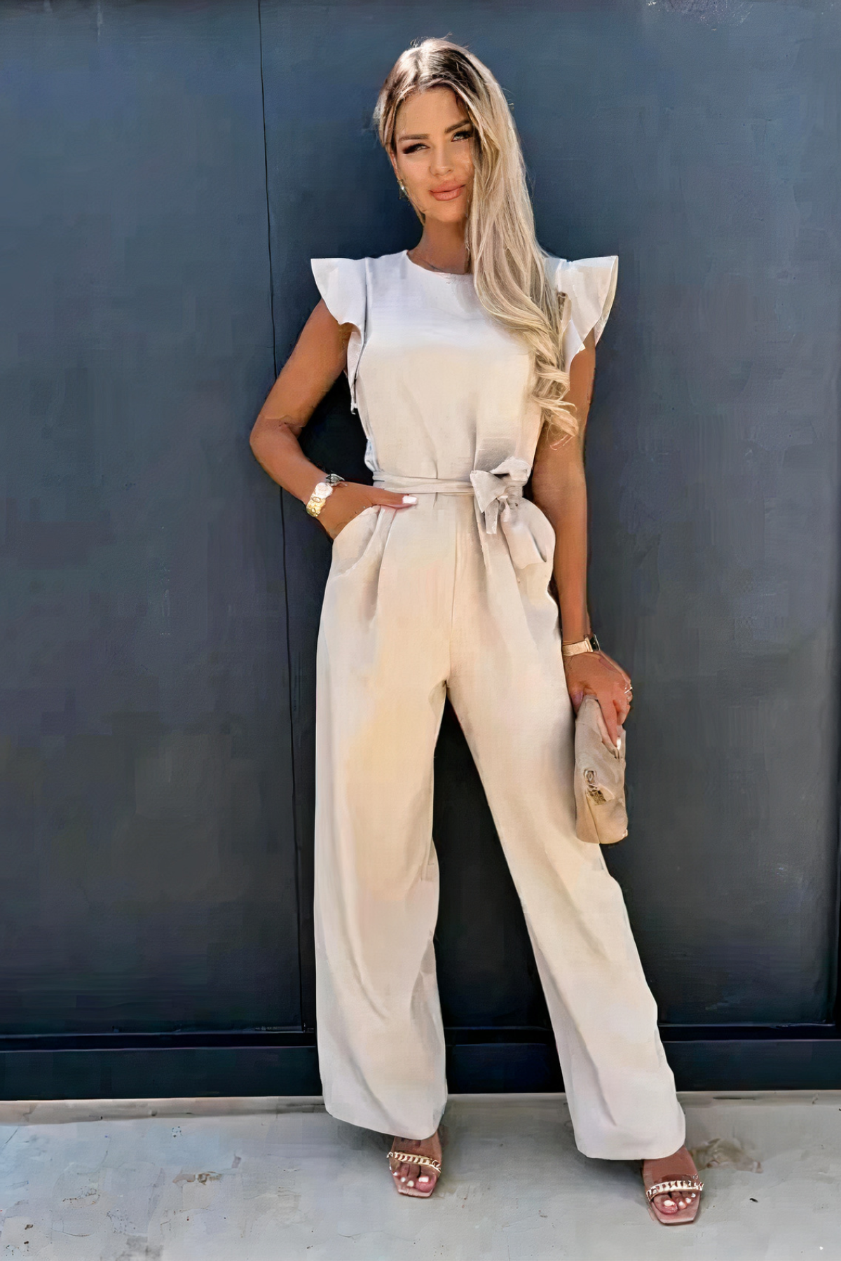 Femme Combinaison Jambes Larges à Volants et Ceinture Nouée