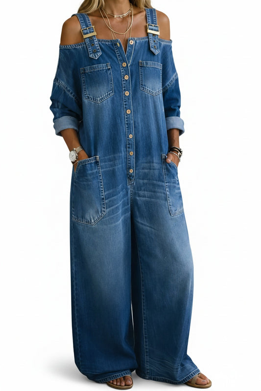 Femme Combinaison Jean Large Épaules Dénudées avec Boutonnage et Poches