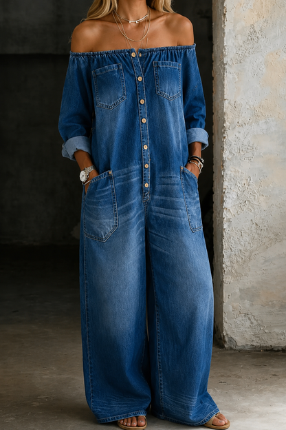 Femme Combinaison Jean Large Épaules Dénudées avec Boutonnage et Poches