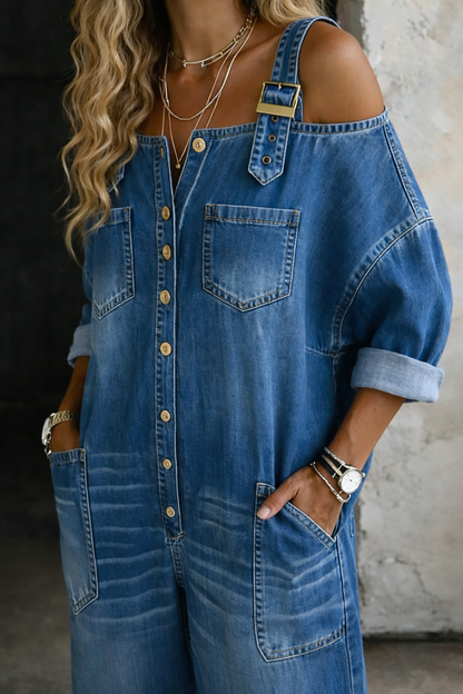 Femme Combinaison Jean Large Épaules Dénudées avec Boutonnage et Poches