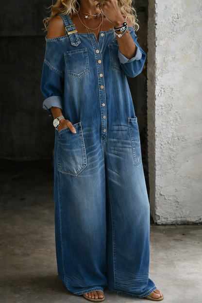 Femme Combinaison Jean Large Épaules Dénudées avec Boutonnage et Poches