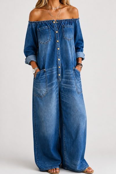 Femme Combinaison Jean Large Épaules Dénudées avec Boutonnage et Poches