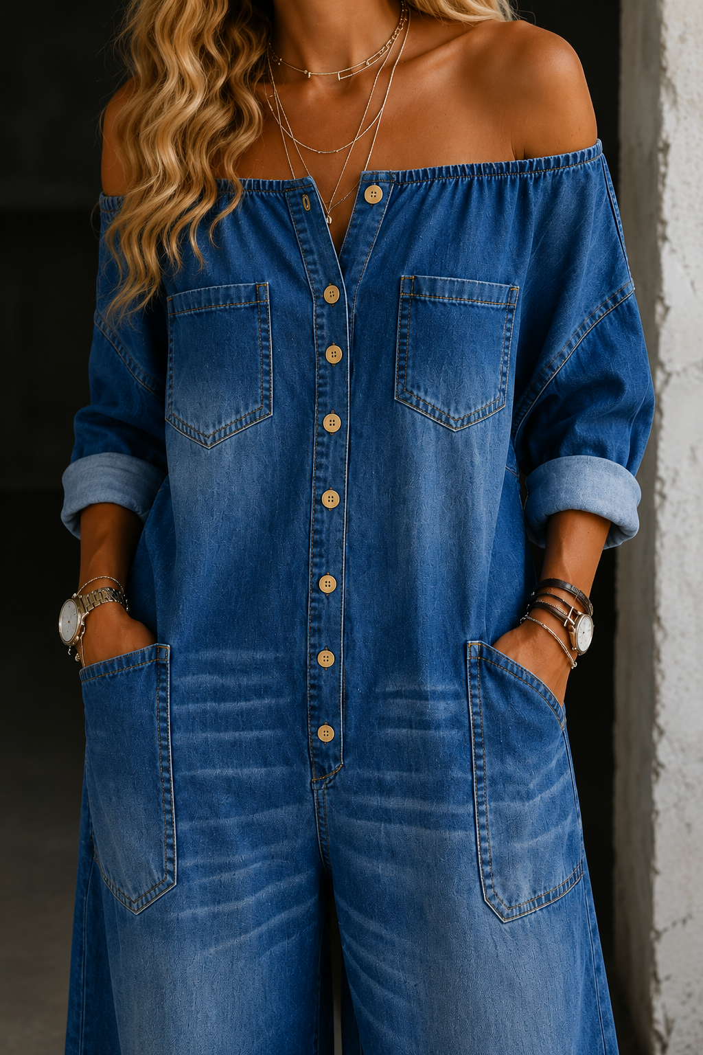 Femme Combinaison Jean Large Épaules Dénudées avec Boutonnage et Poches