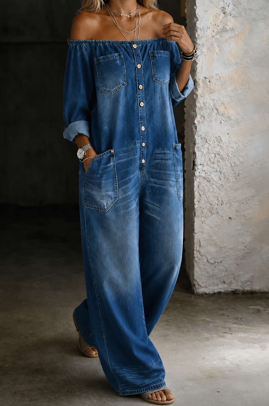 Femme Combinaison Jean Large Épaules Dénudées avec Boutonnage et Poches
