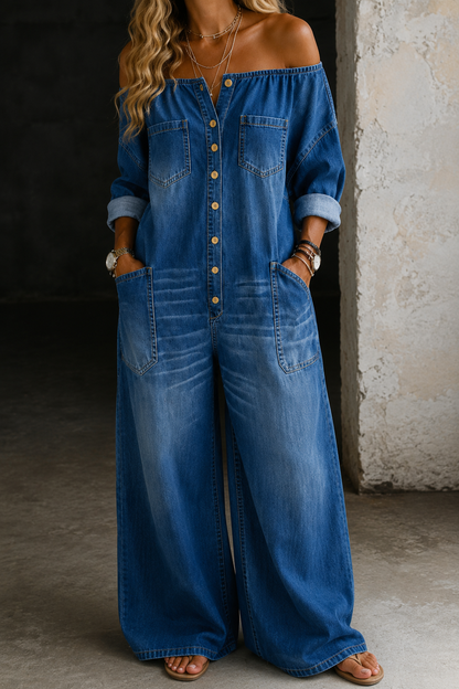 Femme Combinaison Jean Large Épaules Dénudées avec Boutonnage et Poches