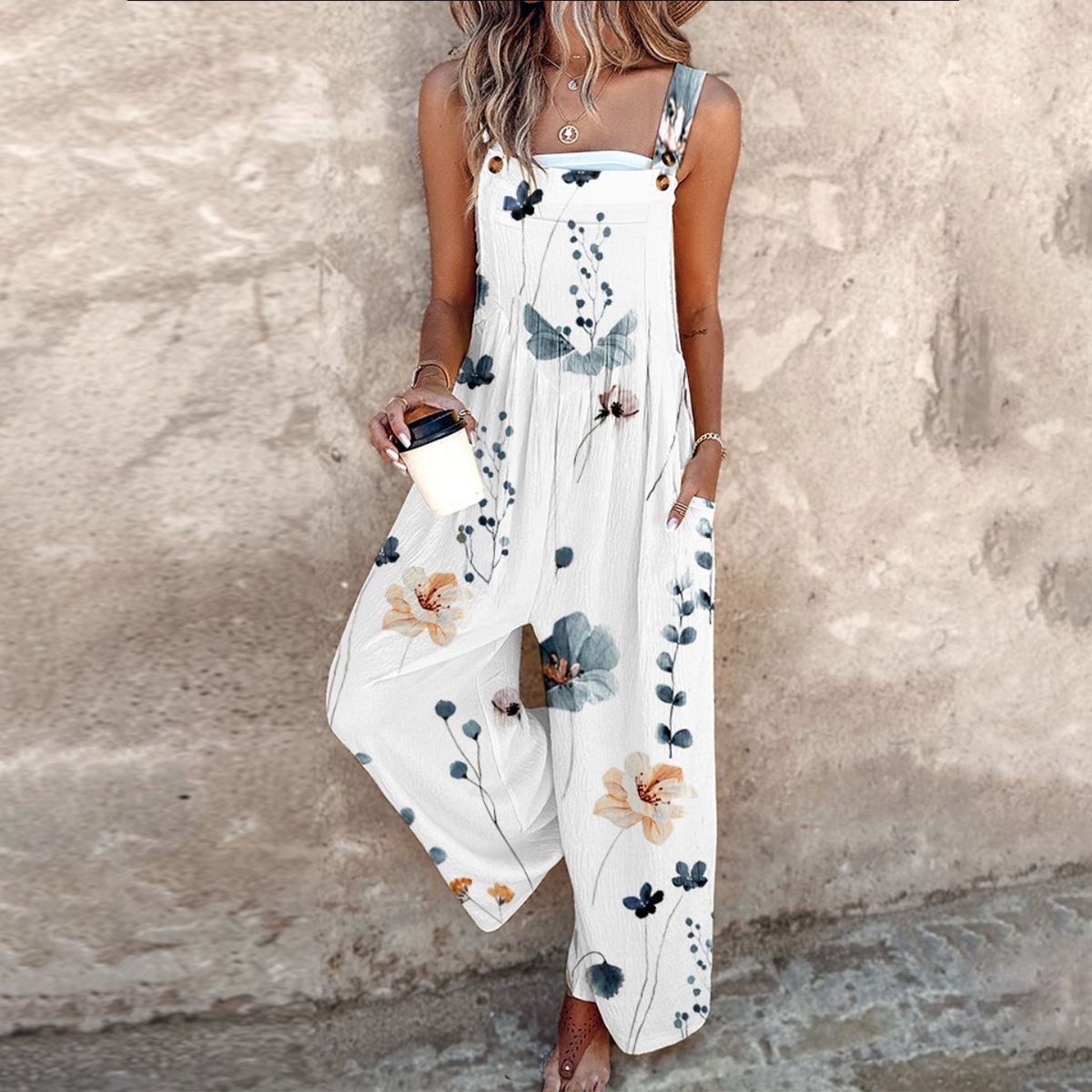 Femme Combinaison Large sans Manches à Imprimé Floral avec Poches