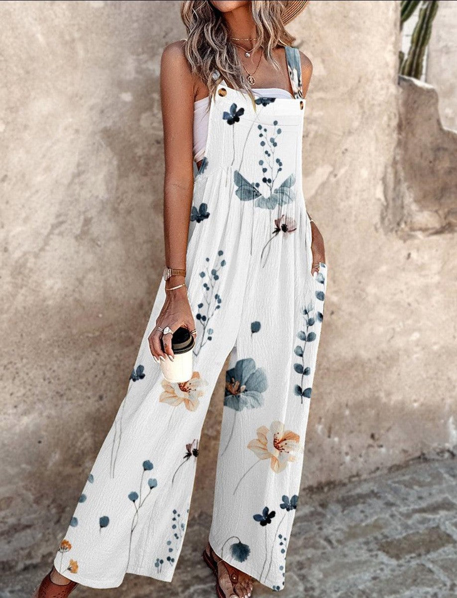 Femme Combinaison Large sans Manches à Imprimé Floral avec Poches