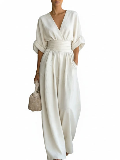 Femme Combinaison Longue avec Col en V et Ceinture Haute
