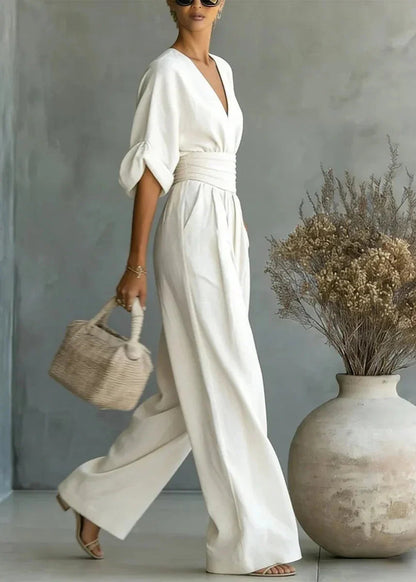 Femme Combinaison Longue avec Col en V et Ceinture Haute