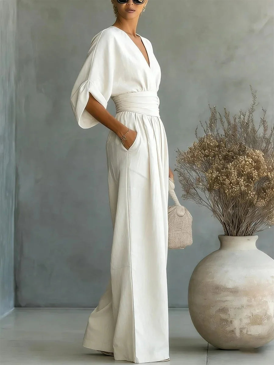 Femme Combinaison Longue avec Col en V et Ceinture Haute