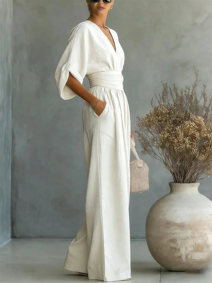 Femme Combinaison Longue avec Col en V et Ceinture Haute