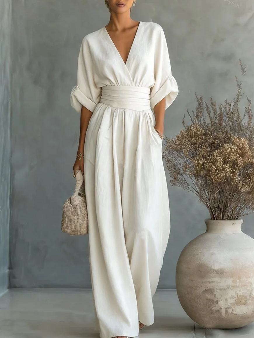 Femme Combinaison Longue avec Col en V et Ceinture Haute