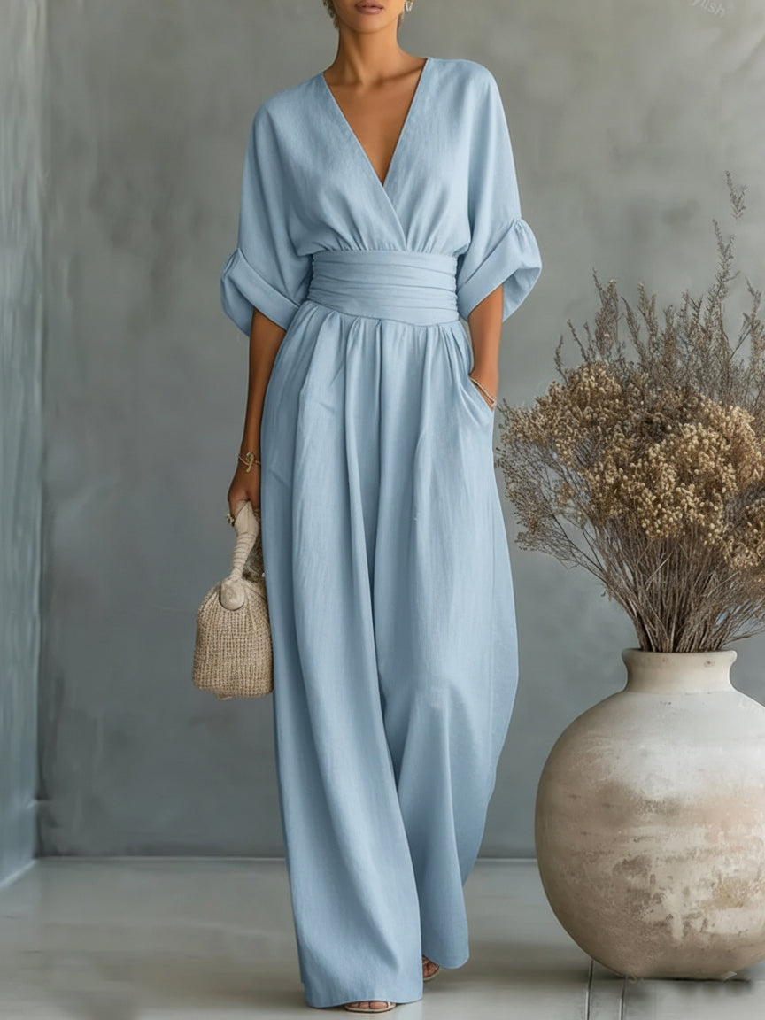 Femme Combinaison Longue avec Col en V et Ceinture Haute