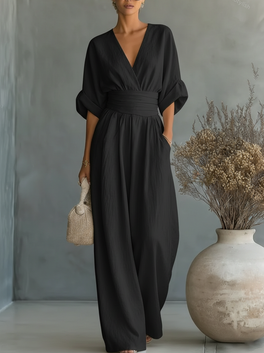Femme Combinaison Longue avec Col en V et Ceinture Haute
