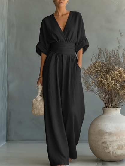 Femme Combinaison Longue avec Col en V et Ceinture Haute