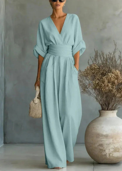 Femme Combinaison Longue avec Col en V et Ceinture Haute