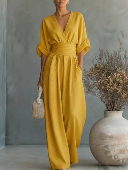 Femme Combinaison Longue avec Col en V et Ceinture Haute