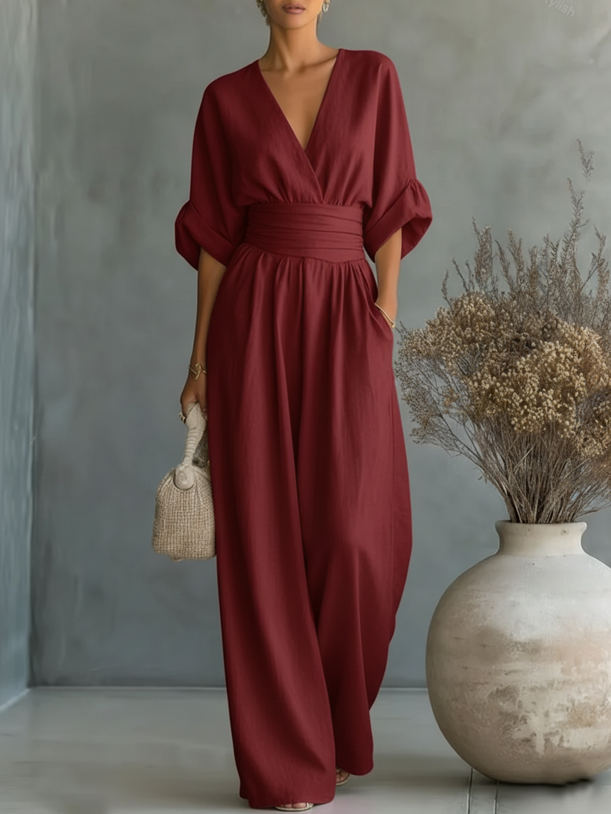 Femme Combinaison Longue avec Col en V et Ceinture Haute