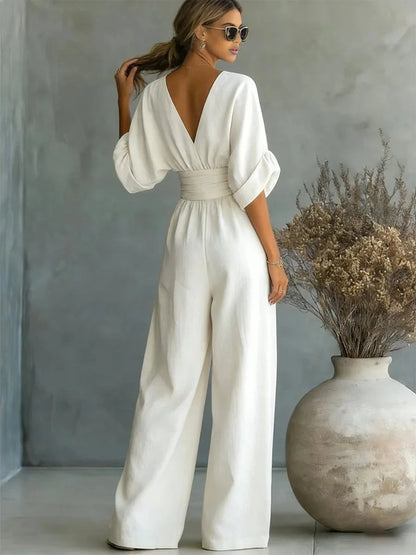 Femme Combinaison Longue avec Col en V et Ceinture Haute