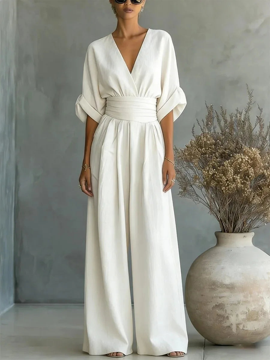 Femme Combinaison Longue avec Col en V et Ceinture Haute