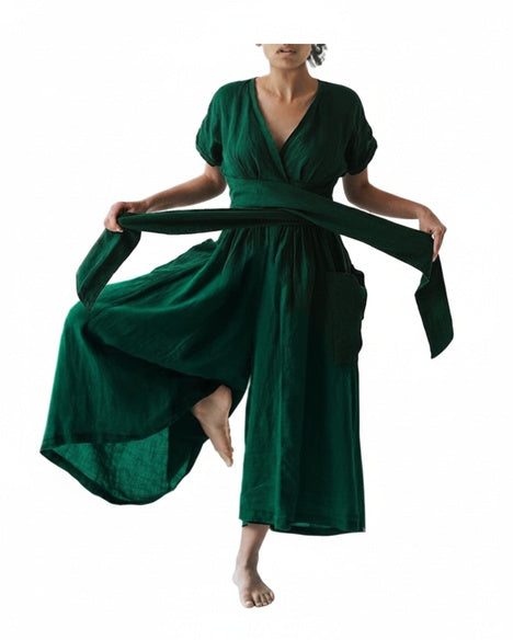 Femme Combinaison Longue col en V Croisé avec Ceinture à Nouer