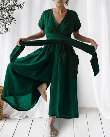 Femme Combinaison Longue col en V Croisé avec Ceinture à Nouer