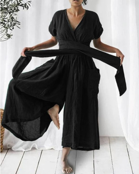 Femme Combinaison Longue col en V Croisé avec Ceinture à Nouer