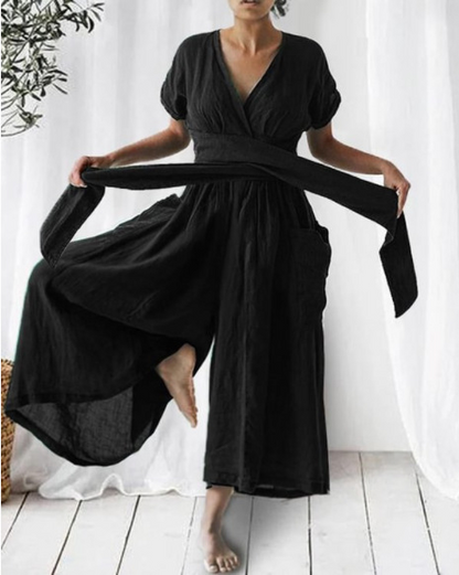 Femme Combinaison Longue col en V Croisé avec Ceinture à Nouer