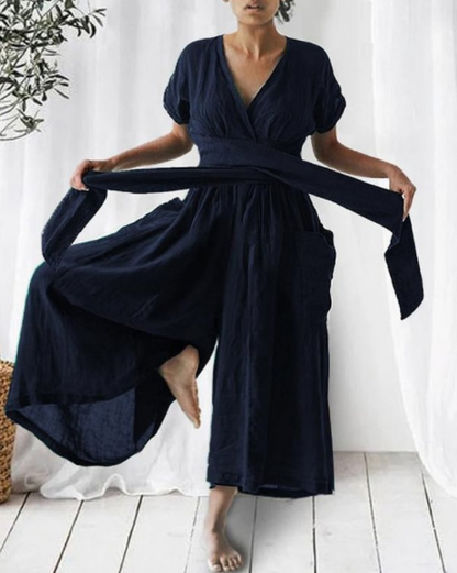 Femme Combinaison Longue col en V Croisé avec Ceinture à Nouer