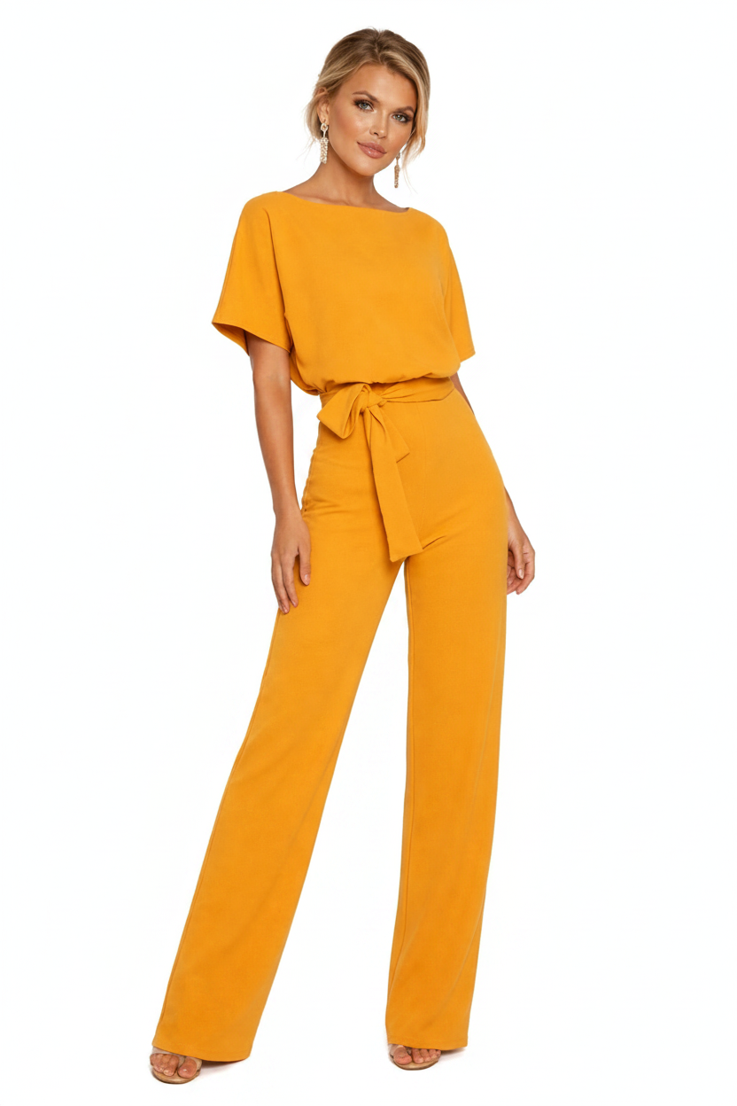 Femme Combinaison Longue Manches Courtes col Bateau avec Ceinture à Nouer et Jambes Larges
