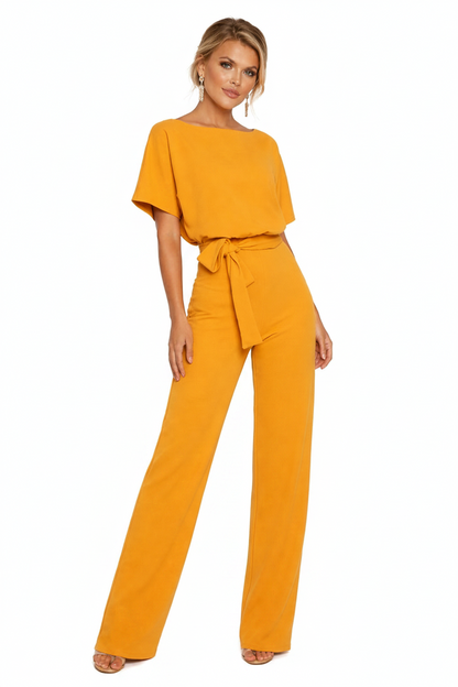Femme Combinaison Longue Manches Courtes col Bateau avec Ceinture à Nouer et Jambes Larges
