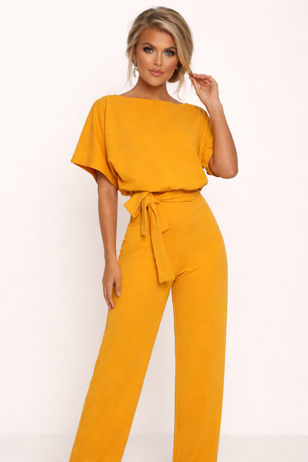 Femme Combinaison Longue Manches Courtes col Bateau avec Ceinture à Nouer et Jambes Larges