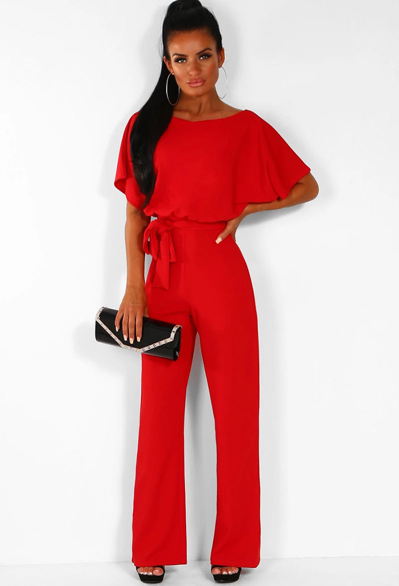 Femme Combinaison Longue Manches Courtes col Bateau avec Ceinture à Nouer et Jambes Larges