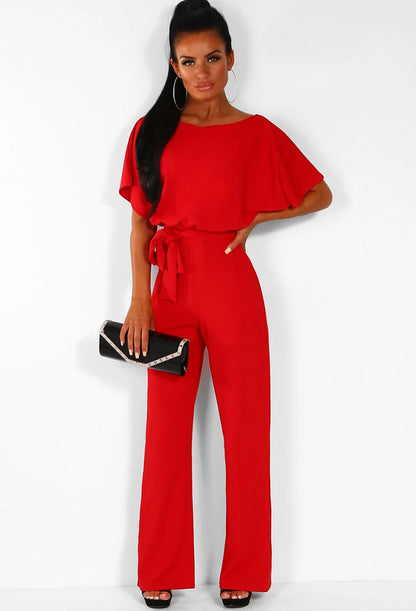 Femme Combinaison Longue Manches Courtes col Bateau avec Ceinture à Nouer et Jambes Larges