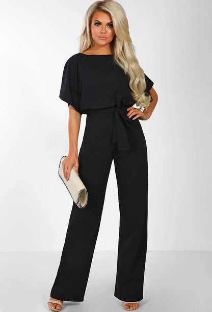 Femme Combinaison Longue Manches Courtes col Bateau avec Ceinture à Nouer et Jambes Larges
