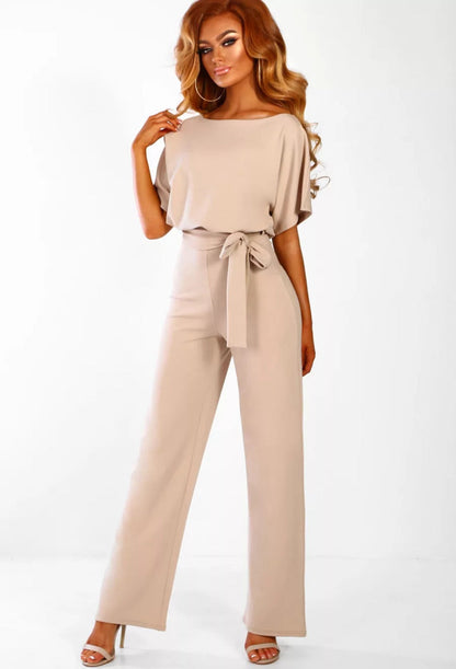 Femme Combinaison Longue Manches Courtes col Bateau avec Ceinture à Nouer et Jambes Larges