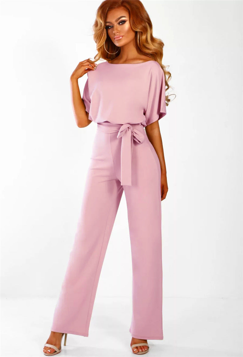 Femme Combinaison Longue Manches Courtes col Bateau avec Ceinture à Nouer et Jambes Larges