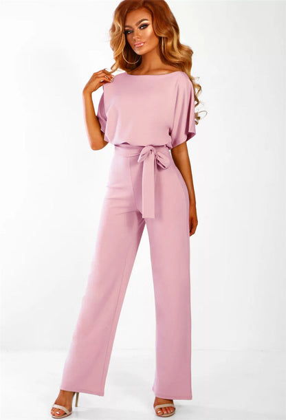 Femme Combinaison Longue Manches Courtes col Bateau avec Ceinture à Nouer et Jambes Larges
