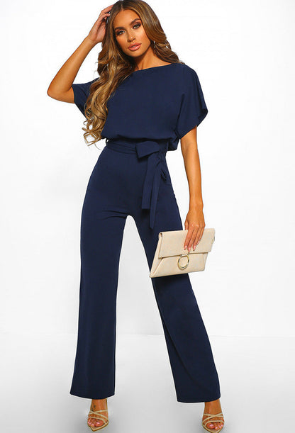 Femme Combinaison Longue Manches Courtes col Bateau avec Ceinture à Nouer et Jambes Larges