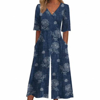 Femme Combinaison Pantalon Large Imprimé Floral avec Col en V et Manches Mi-longues