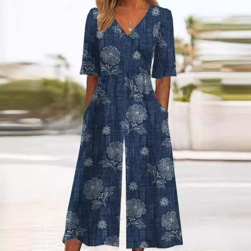 Femme Combinaison Pantalon Large Imprimé Floral avec Col en V et Manches Mi-longues