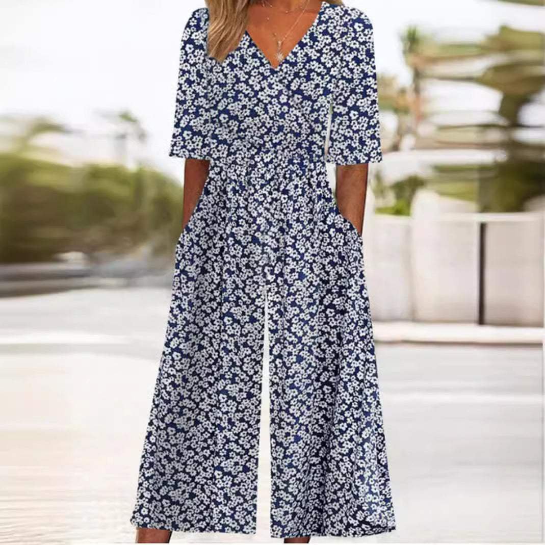 Femme Combinaison Pantalon Large Imprimé Floral avec Col en V et Manches Mi-longues