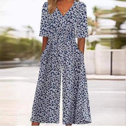 Femme Combinaison Pantalon Large Imprimé Floral avec Col en V et Manches Mi-longues